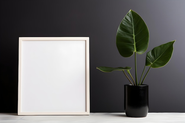 cadre carré blanc avec une plante en pot alocasia