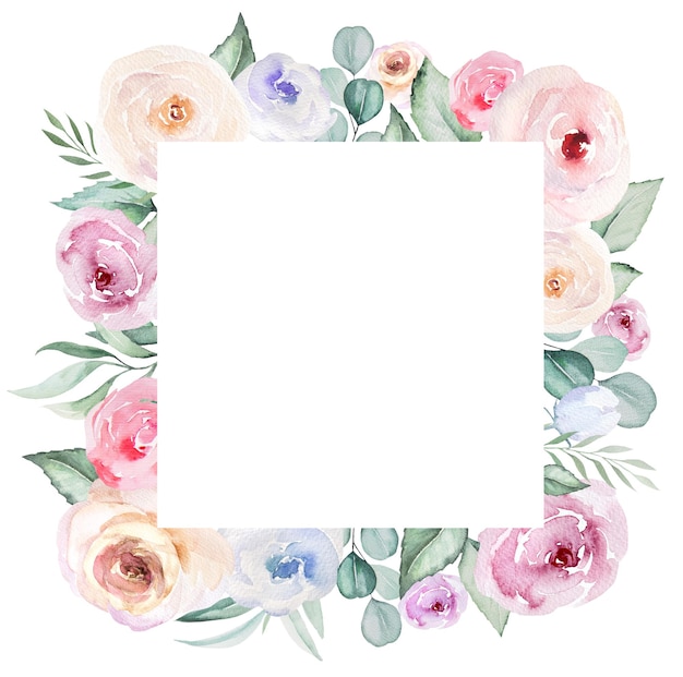 Photo cadre carré composé de fleurs aquarelles roses romantiques et d'éléments de mariage pastel de feuilles vert clair