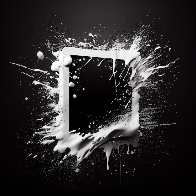 Un cadre carré avec des éclaboussures de peinture blanche sur fond noir