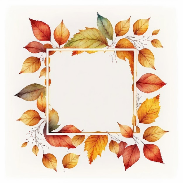 Cadre carré avec des feuilles d'automne aquarelle peinte isolée sur fond blanc Thème de design d'art minimal vintage en géométrie La plus fine IA générative