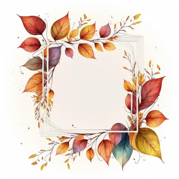 Cadre carré avec des feuilles d'automne aquarelle peinte isolée sur fond blanc Thème de design d'art minimal vintage en géométrie La plus fine IA générative