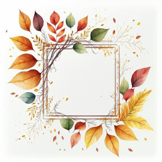 Cadre carré avec des feuilles d'automne aquarelle peinte isolée sur fond blanc Thème de design d'art minimal vintage en géométrie La plus fine IA générative