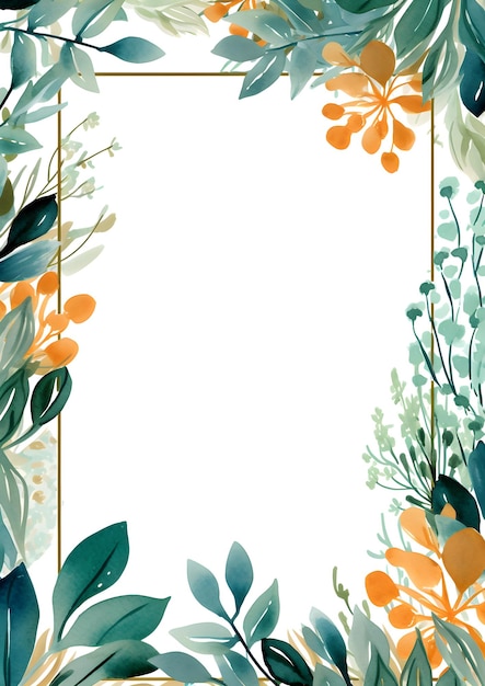 un cadre carré avec des feuilles et des fleurs sur fond blanc Résumé fond de feuillage couleur Jade