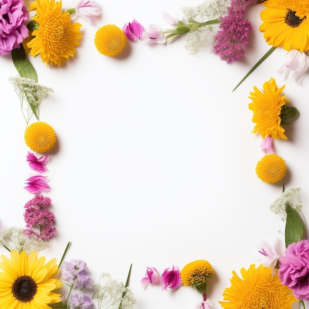 Le cadre carré de la flamme de fleur avec des marguerites, des tournesols et des chrysanthèmes