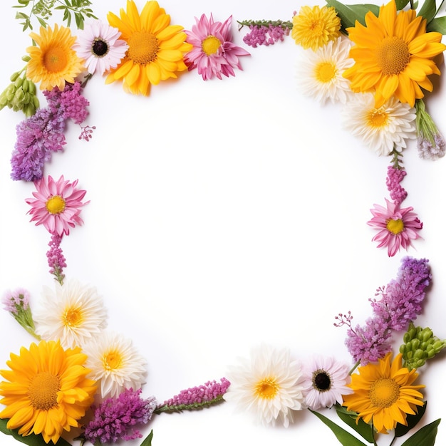 Le cadre carré de la flamme de fleur avec des marguerites, des tournesols et des chrysanthèmes