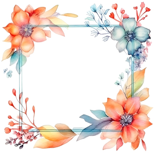 Un cadre carré avec des fleurs et des feuilles peintes à l'aquarelle