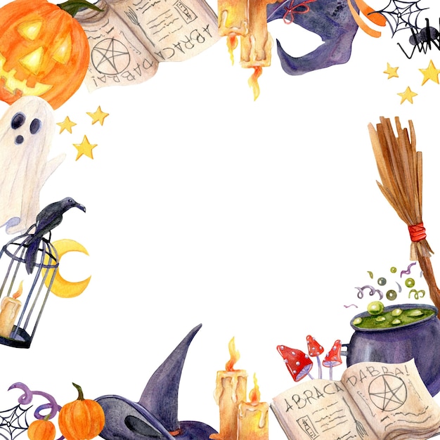Cadre carré Halloween. Chapeau de sorcière, citrouille, balai et autres symboles d'halloween.