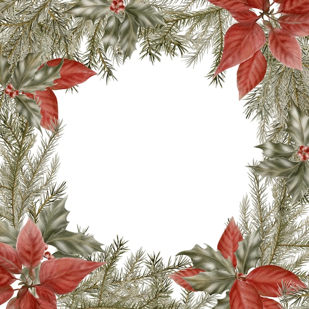 Cadre carré de Noël vintage de poinsettia et de branches d'épicéa avec du holly et des baies comme symbole