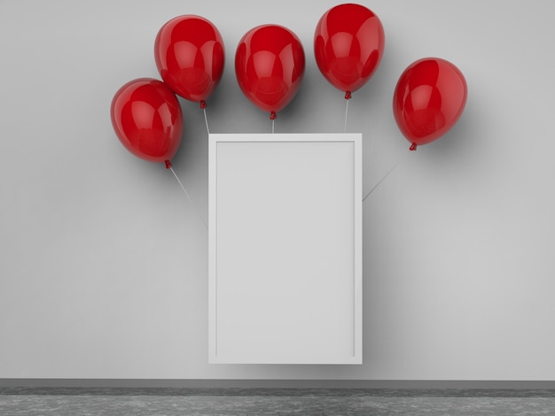 Cadre carré vierge rendu 3D avec des ballons rouges