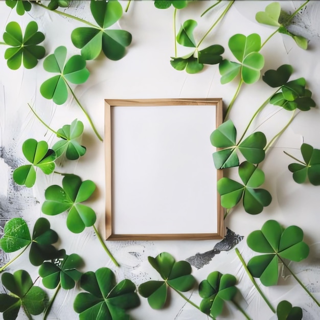 Cadre de carte blanc avec de l'espace pour votre propre contenu Clover vert éparpillé autour Clover vert à quatre feuilles symbole du jour de Saint-Patrick