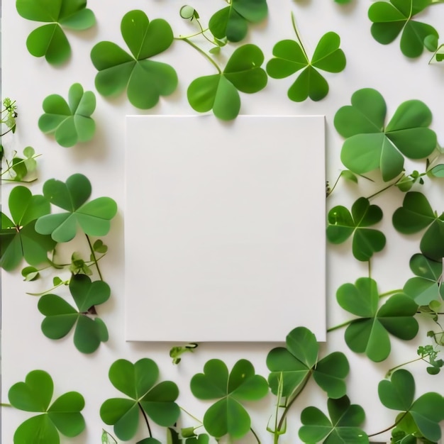 Cadre de carte blanc avec de l'espace pour votre propre contenu Clover vert éparpillé autour Clover vert à quatre feuilles symbole du jour de Saint-Patrick