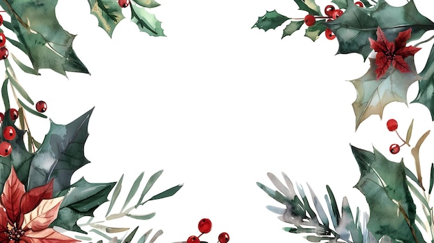 Cadre de carte de Noël à l'aquarelle avec feuillage d'hiver