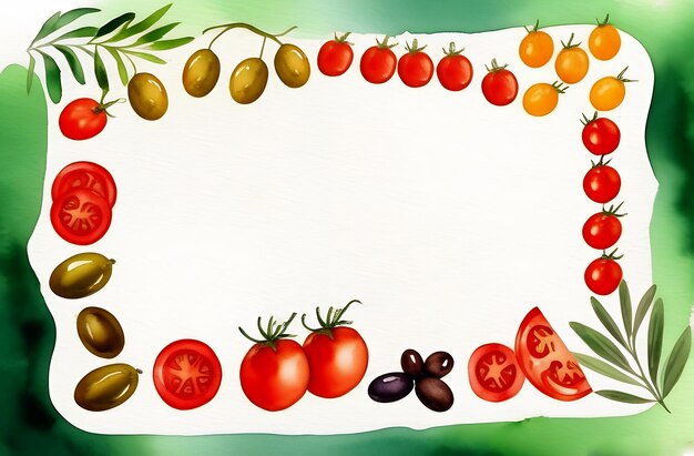 Cadre de carte postale avec un espace vide pour le texte des ingrédients de la pizza Olives tomates