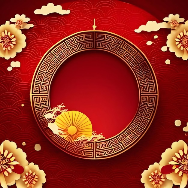 Cadre de carton rouge dans un cercle avec un espace pour votre propre contenu de décoration avec des lanternes chinoises et des fleurs de cerisier Célébrations du Nouvel An chinois