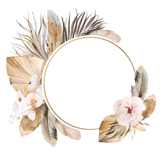 Cadre de cercle bohème aquarelle avec plumes fleurs tropicales feuilles de palmier séchées et herbe de pampa illustration copie espace Élément pour la conception de mariage