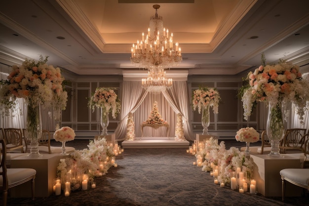 Cadre de cérémonie luxueux avec des arrangements floraux complexes et un éclairage élégant créé avec gène