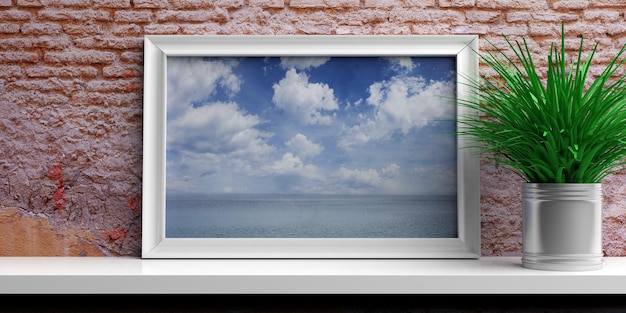 Cadre avec ciel bleu et mer sur une étagère blanche illustration 3d