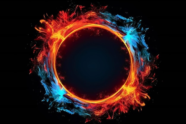 Cadre circulaire 3D avec des traces d'incendie rouges et bleues avec des particules sur fond noir