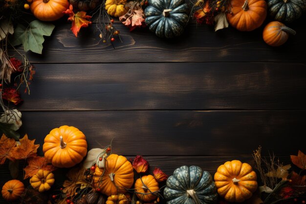 Cadre avec des citrouilles et des feuilles d'automne sur fond en bois Vue supérieure Photo de haute qualité
