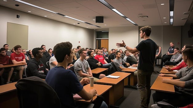 Cadre de classe où les étudiants s'engagent dans un débat animé, leurs voix passionnées et leurs gestes animés alors qu'ils échangent des points de vue. Généré par l'IA