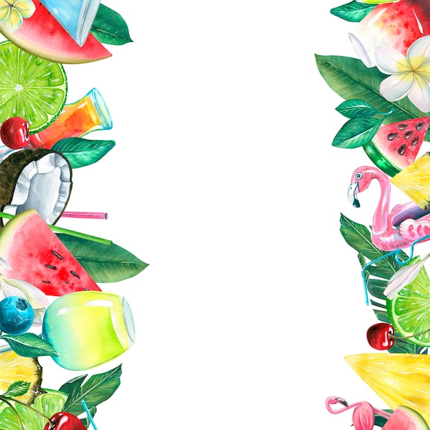 Cadre avec des cocktails de fruits tropicaux et des feuilles Illustration d'été de plage juteuse lumineuse aquarelle Pour la conception et la conception de menus certificats invitations annonces publicités