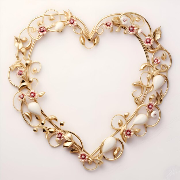 Photo cadre coeur doré vintage avec perles sur fond blanc
