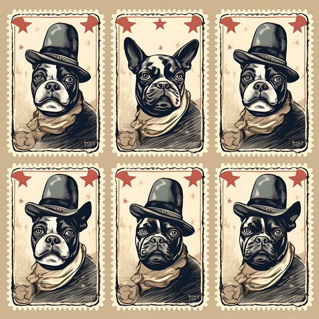 Photo cadre coloré d'un chien bulldog avec un costume de cow-boy portant un chapeau et une idée de collection de timbres d'animaux sitti