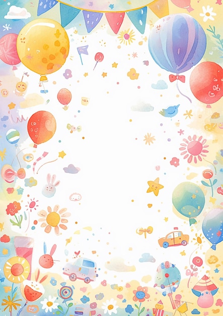 Le cadre coloré de la journée des enfants avec un tas de ballons et de fleurs Les ballons sont de différentes couleurs et tailles et les fleurs sont éparpillées dans le cadre La scène est joyeuse et ludique