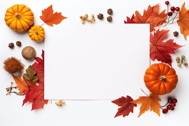 Cadre composé de feuilles d'automne, citrouilles, noix sur fond blanc