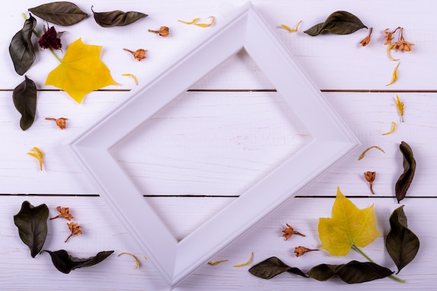 Cadre composé de fleurs séchées, feuilles séchées sur un fond en bois blanc.