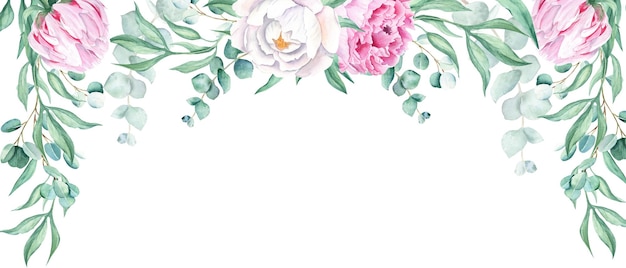 Cadre de conception de bannière aquarelle florale pivoines roses et blanches branches d'eucalyptus dessinées à la main