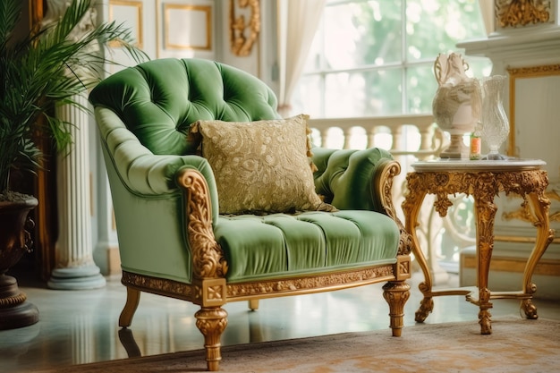 Un cadre confortable avec une chaise en velours sophistiquée, une moquette au sol, un fond d'espace de copie, une table dorée et des accessoires personnels attachants L'élégant salon d'un manoir vintage