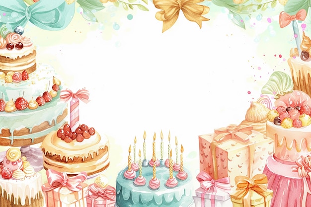 cadre de couleurs pastel avec place libre pour le texte fait de beaucoup de petits gâteaux d'anniversaire bougies de champagne