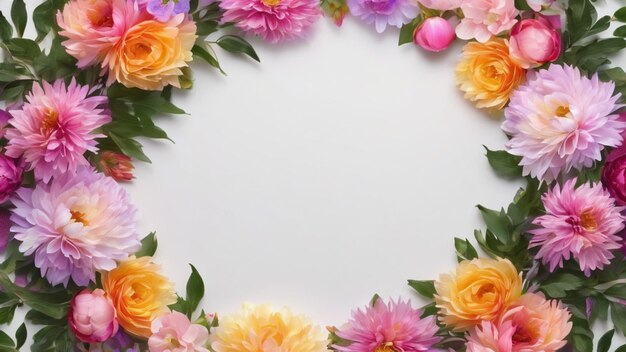 Photo cadre de couronne pastel en fleurs et feuilles d'aster et espace pour le texte