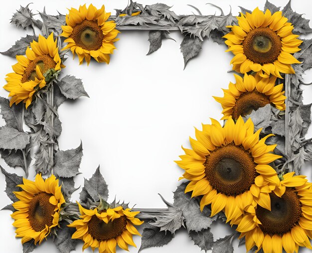 Cadre créatif décoré de fleurs et de feuilles de tournesol