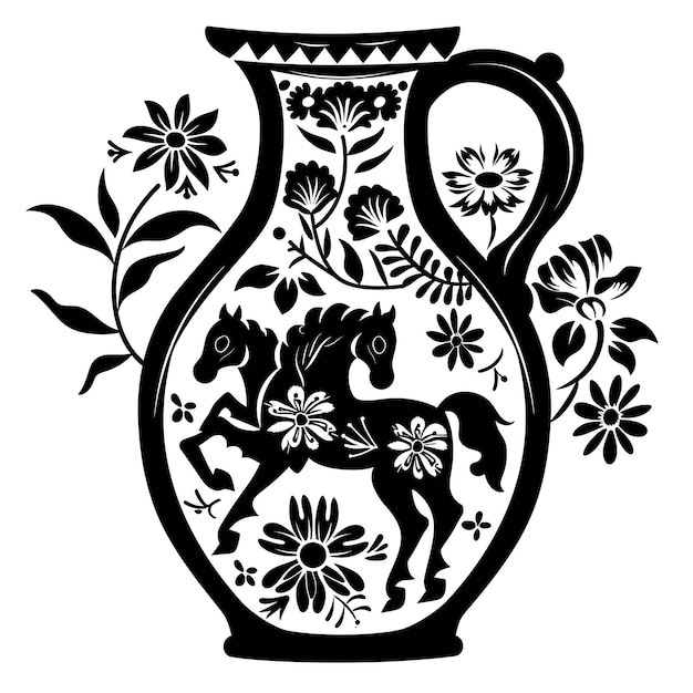 Cadre de cruche de poterie Art CNC avec dessin de cheval et accents floraux Ho CNC découpe contour tatouage