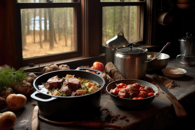 Cadre de cuisine rustique avec ragoût au four hollandais créé avec générative ai