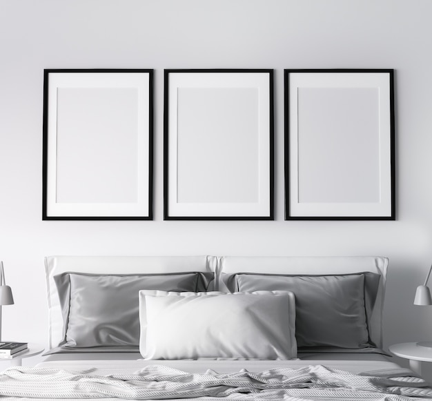 Cadre dans la conception de la chambre moderne, trois cadres noirs sur un mur blanc brillant