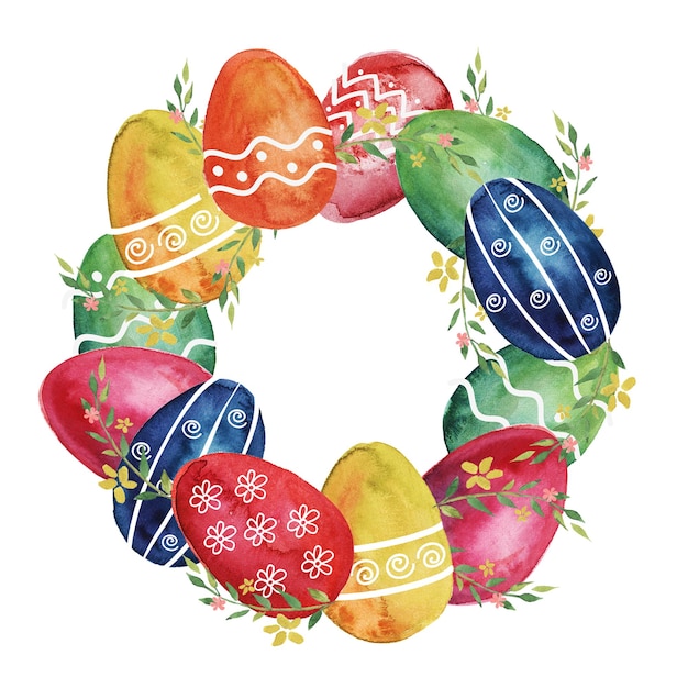 Cadre décoratif carré de Pâques avec des oeufs de Pâques colorés à l'aquarelle peints en différentes couleurs