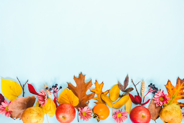 Un cadre de divers fruits et feuilles d'automne colorés sur fond bleu clair.