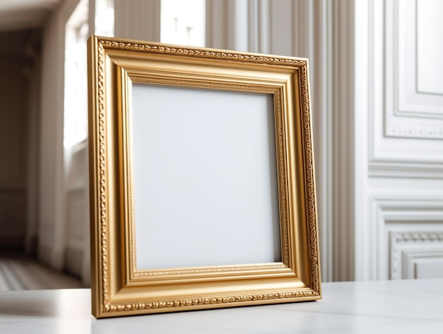 Un cadre doré est posé sur une table avec un mur blanc derrière.