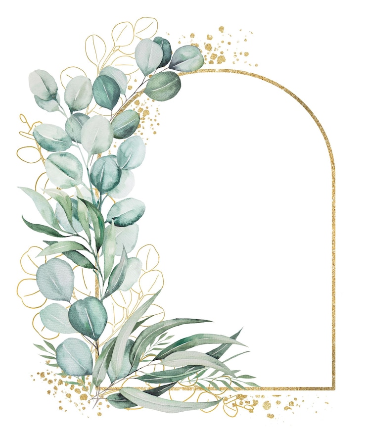 Photo cadre doré étincelant fait d'illustration de feuilles d'eucalyptus vert aquarelle isolé avec espace de copie élément de verdure pour la fabrication de cartes de voeux de papeterie de mariage