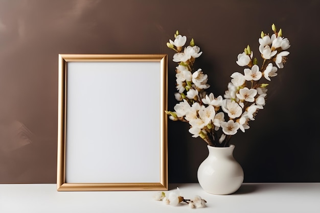 Un cadre doré avec des fleurs blanches dessus