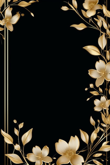 cadre doré avec des fleurs et des feuilles sur un fond noir