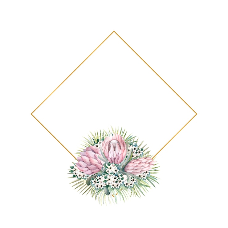 Photo cadre doré en forme de losange avec fleurs de protéa, feuilles tropicales, feuilles de palmier, fleurs de bouvardia