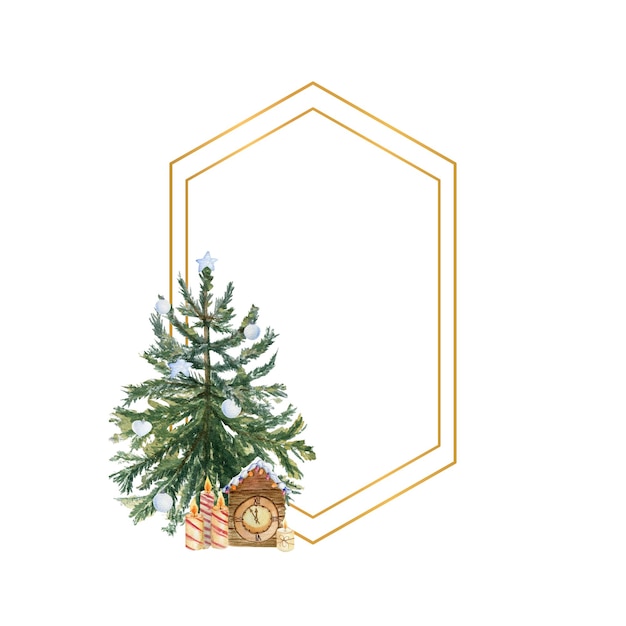 Cadre doré géométrique avec un arbre de Noël aquarelle bougies fleurs de houx et décor d'hiver