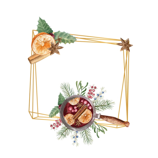 Cadre doré géométrique avec une tasse de vin chaud, citron, cannelle. Illustration à l'aquarelle