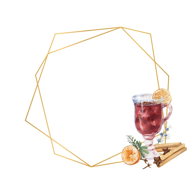 Cadre doré géométrique avec un verre de vin chaud, citron et d cor d'hiver. Illustration à l'aquarelle