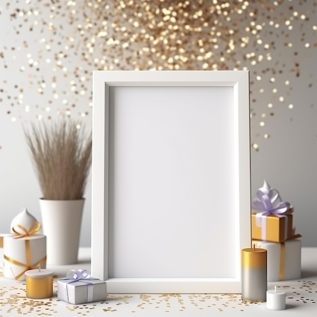 un cadre doré avec une photo d'une boîte cadeau et un fond de paillettes dorées.