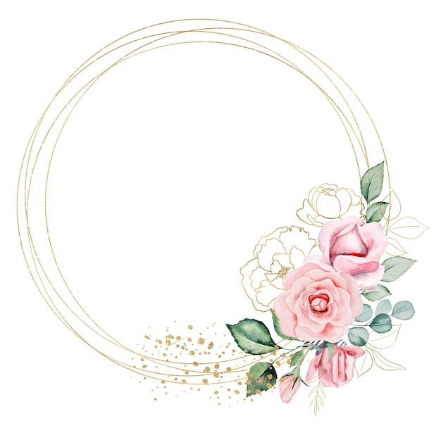 Cadre doré rond composé de fleurs aquarelles roses et de feuilles vertes design de mariage